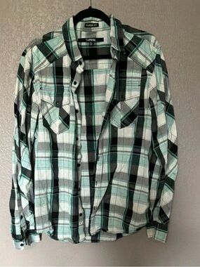 Carbon Men's Green and White Plaid Button-Down Shirt